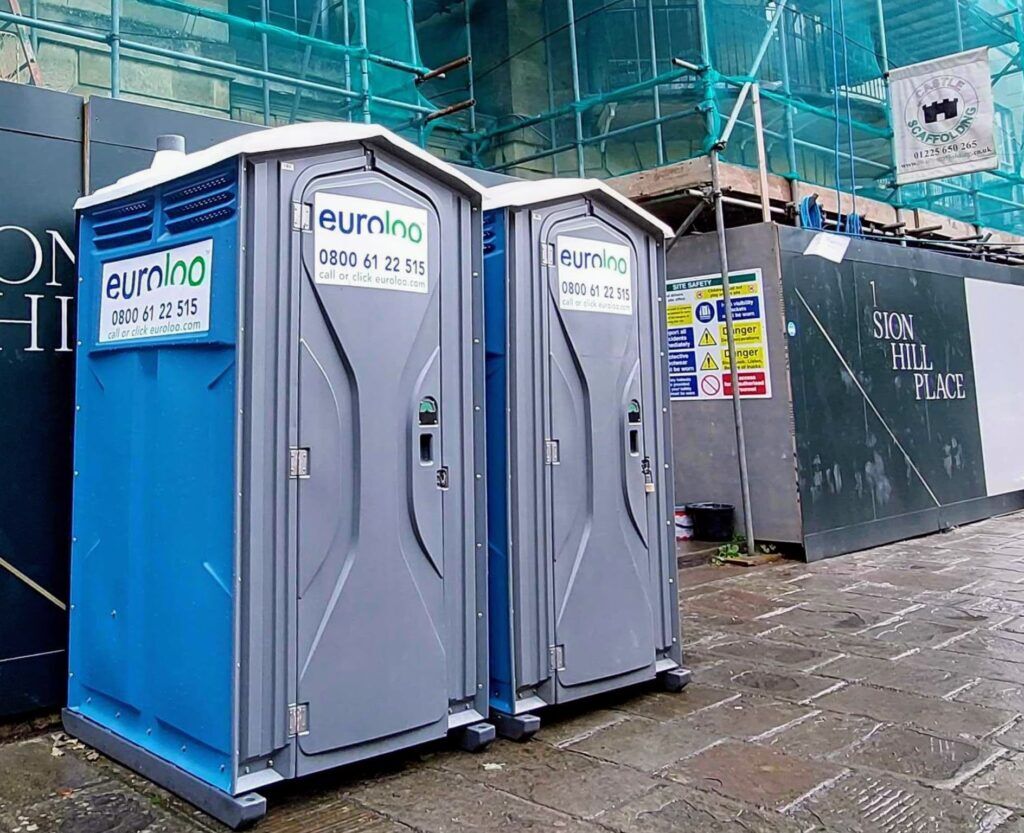 Solar-powered portable toilets at a Liverpool construction site