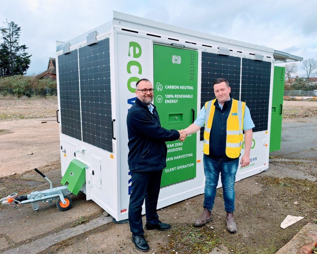 euroloo eco welfare unit with solar panels at a sustainable plant hire site in the UK
