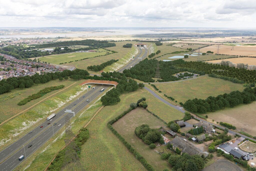 A visual representation of the Lower Thames Crossing, showcasing the integration of new road infrastructure with extensive green space, tree planting, and wildlife-friendly design features including green bridges and cuttings to reduce environmental impact.